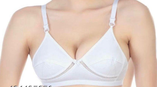 White Cotton bra with net under bust back closure non padded wirefree everyday wear for girls and women