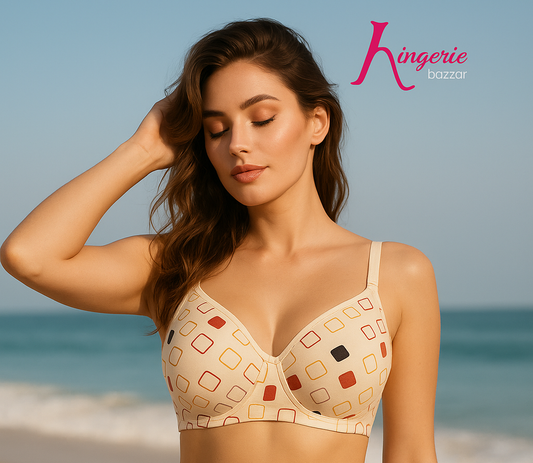 Seamless soft padded wirefree C cup back closure beige printed bra for girls and women