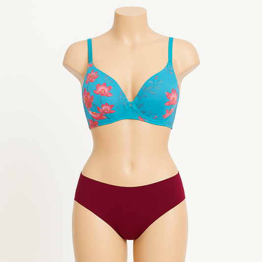 Soft padded seamless bra with plain soft cotton based panty daily wear lingerie set