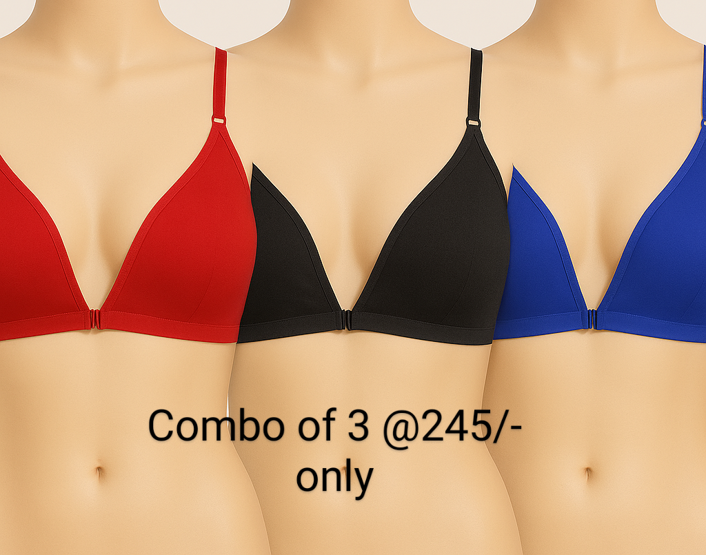 Front open bra combo of 3 Red Black Blue seamless cup non padded wirefree daily wear for girls and women