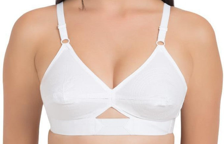 White cotton bra with elastic adjustment in center at underbust for girls and women