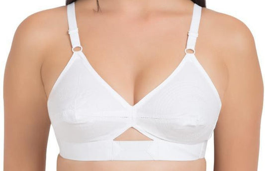 White cotton bra with elastic adjustment in center at underbust for girls and women